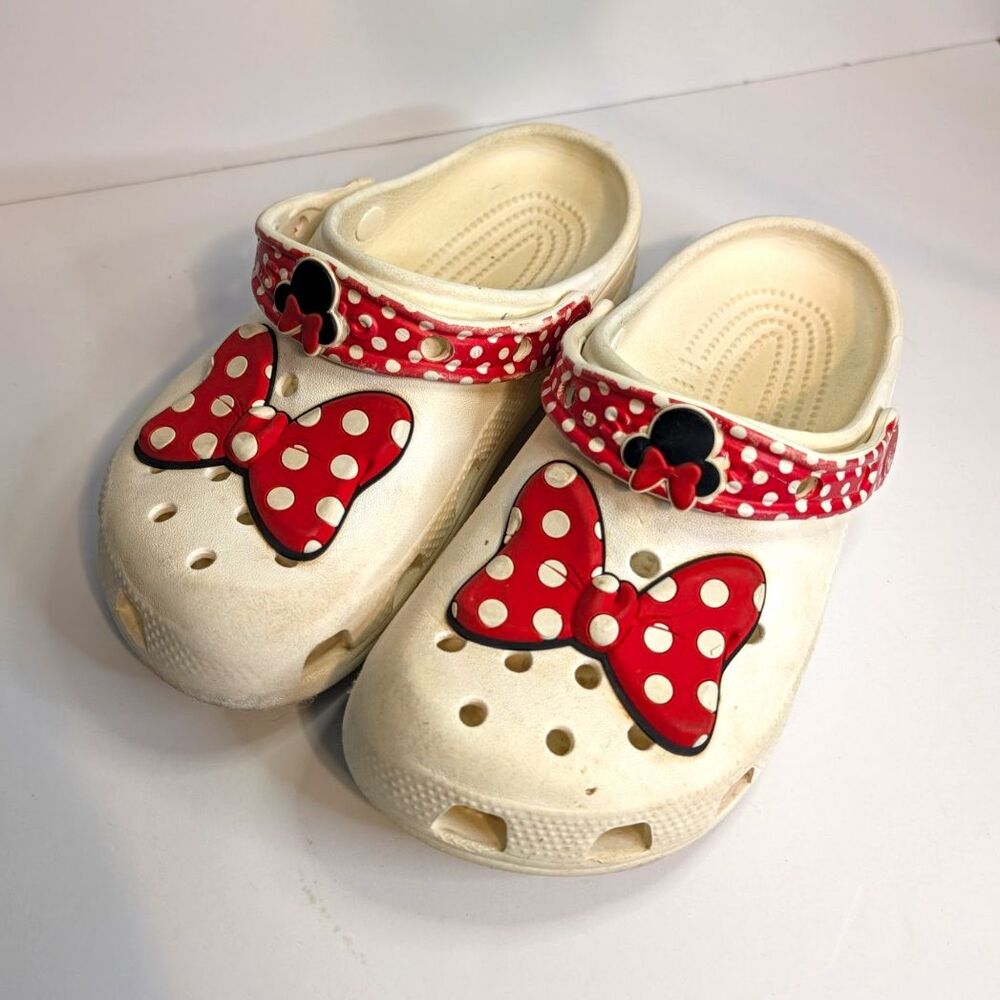 Disney Minnie Mouse Kids White Rubber Clogs Red Polka Dot Strap Bow US 3